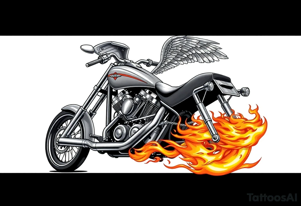Low rider grey motorcycle, big muffler pipes with flames, angel wings, driving away, no person tattoo idea
