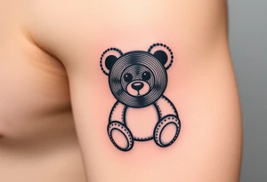 minimalist teddy bear with vinyl records as eyes smiling and sitting on a record tattoo idea