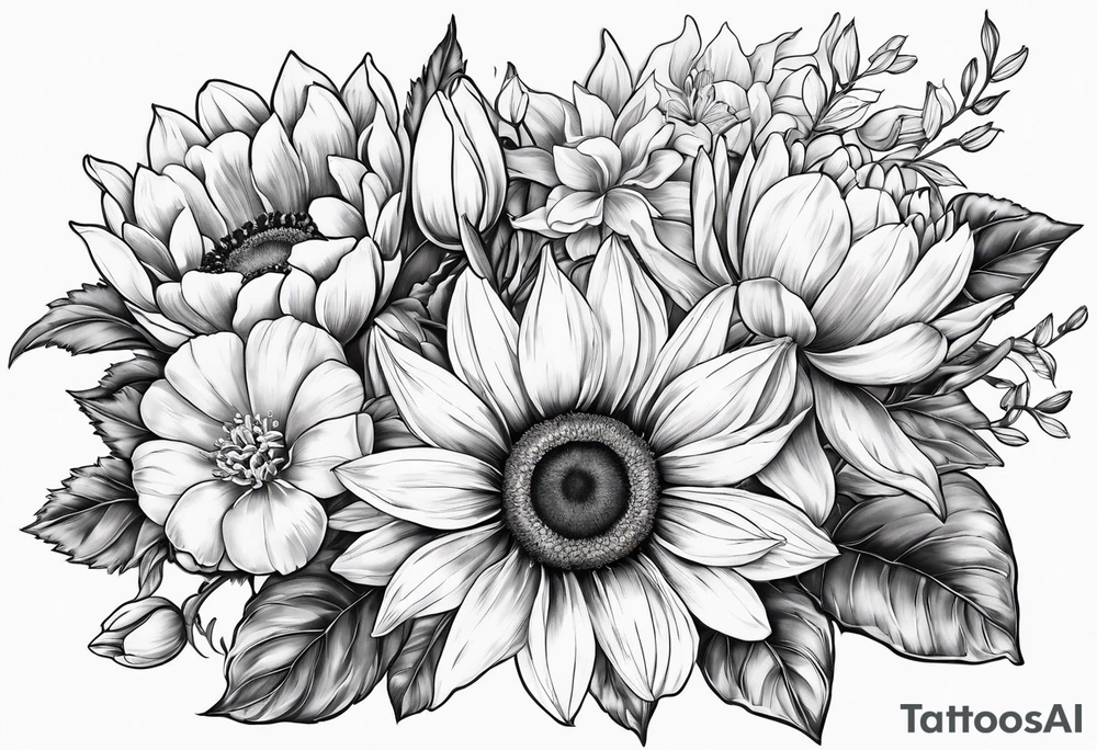 Bouquet with sunflower, lily, peony, cherry blossom and tulip tattoo idea