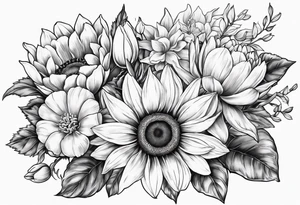 Bouquet with sunflower, lily, peony, cherry blossom and tulip tattoo idea