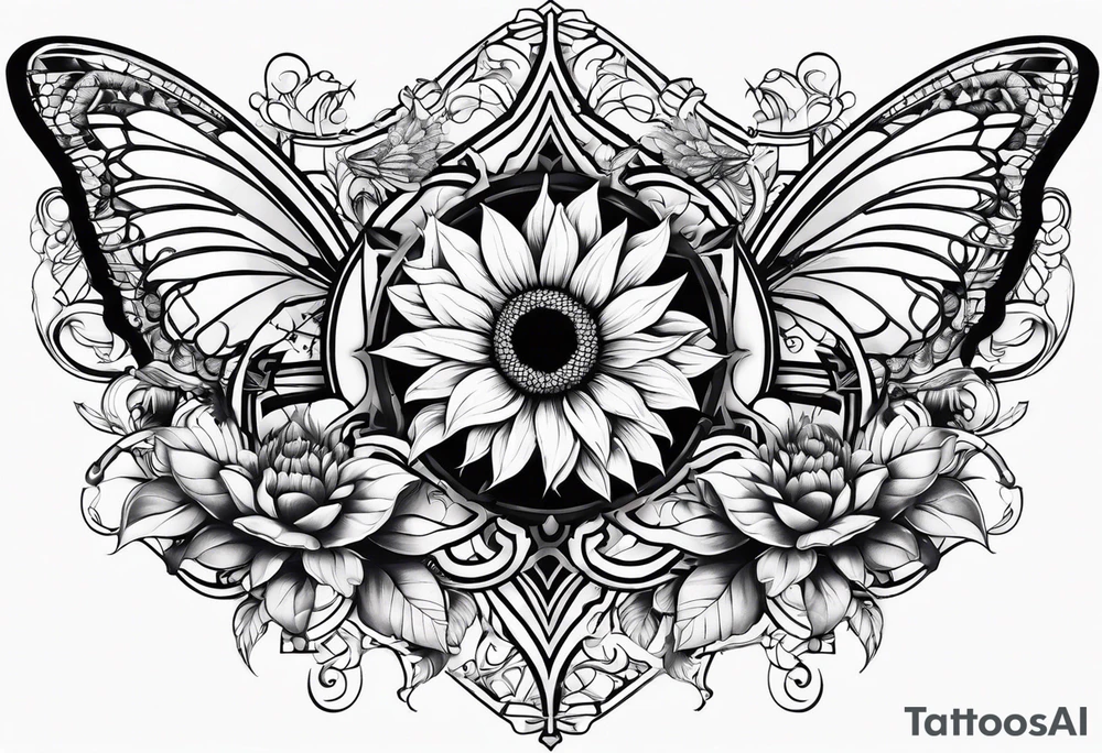 Arm sleeve with Winged cross with sunflower and butterflies tattoo idea