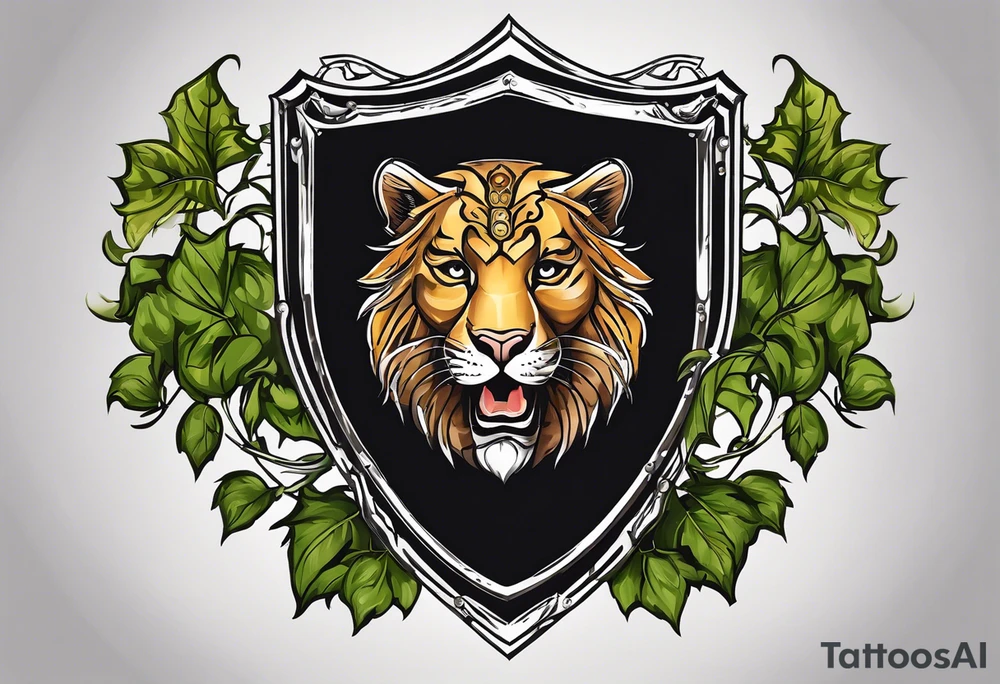 A shield with leopar head as shield's emblem. The shield would be hang on a ivy planted wall tattoo idea