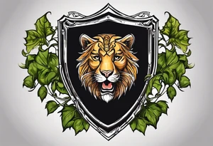 A shield with leopar head as shield's emblem. The shield would be hang on a ivy planted wall tattoo idea