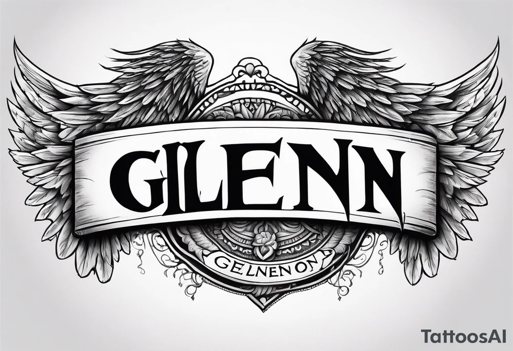 The word Glenn on a banner with angel Wings tattoo idea