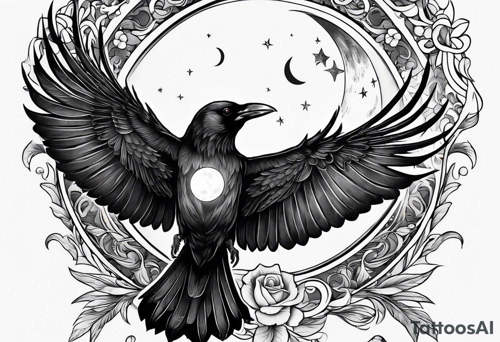 Crow with a candle mid flight with the crescent moon in the background tattoo idea