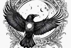 Crow with a candle mid flight with the crescent moon in the background tattoo idea