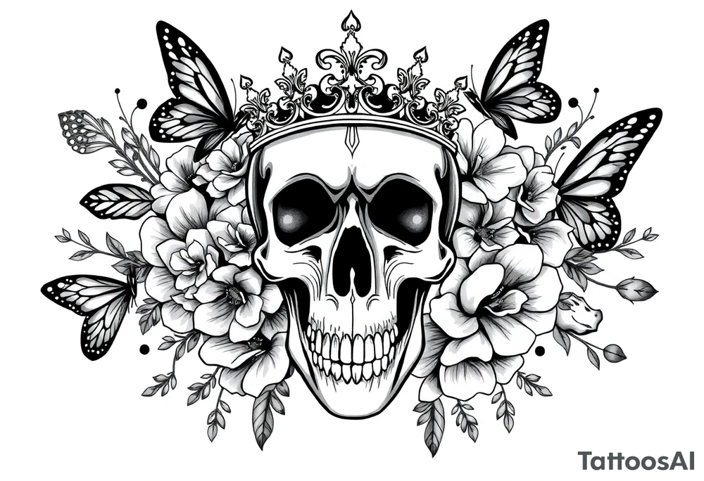 ornate skull adorned with gorgeous crown surrounded by boho flowers and butterflies tattoo idea