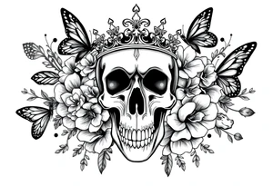 ornate skull adorned with gorgeous crown surrounded by boho flowers and butterflies tattoo idea