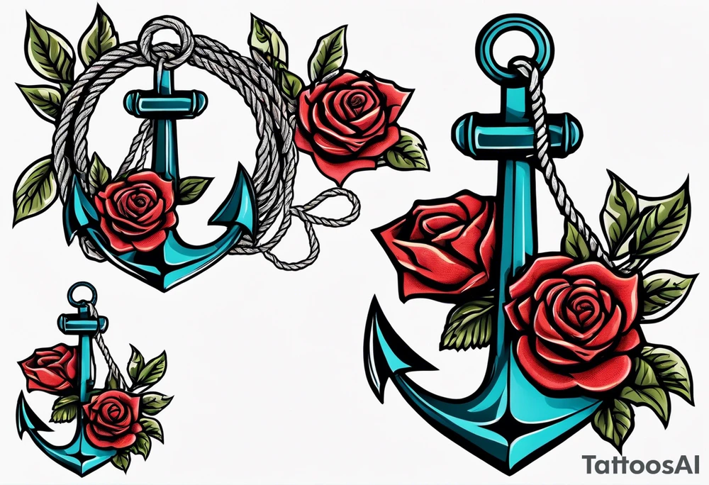 old school anchor sitting at an angle 
with rope wrapped around anchor and banner across anchor and old school roses tattoo idea