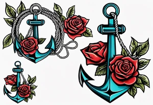 old school anchor sitting at an angle 
with rope wrapped around anchor and banner across anchor and old school roses tattoo idea