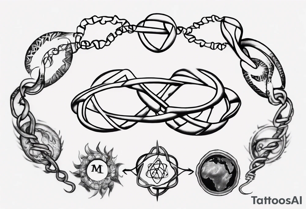 Create a tattoo sketch that visually represents my life journey and the evolution of mindfulness. Consider life as a DNA chain, where each link symbolizes key moments of my development and consciousness. Allow the images to change and transform, reflecting the evolution of my perception and self-understanding over time tattoo idea