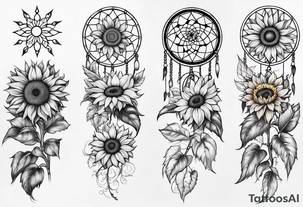 Dreamcatcher and sunflowers forearm sleeve tattoo idea