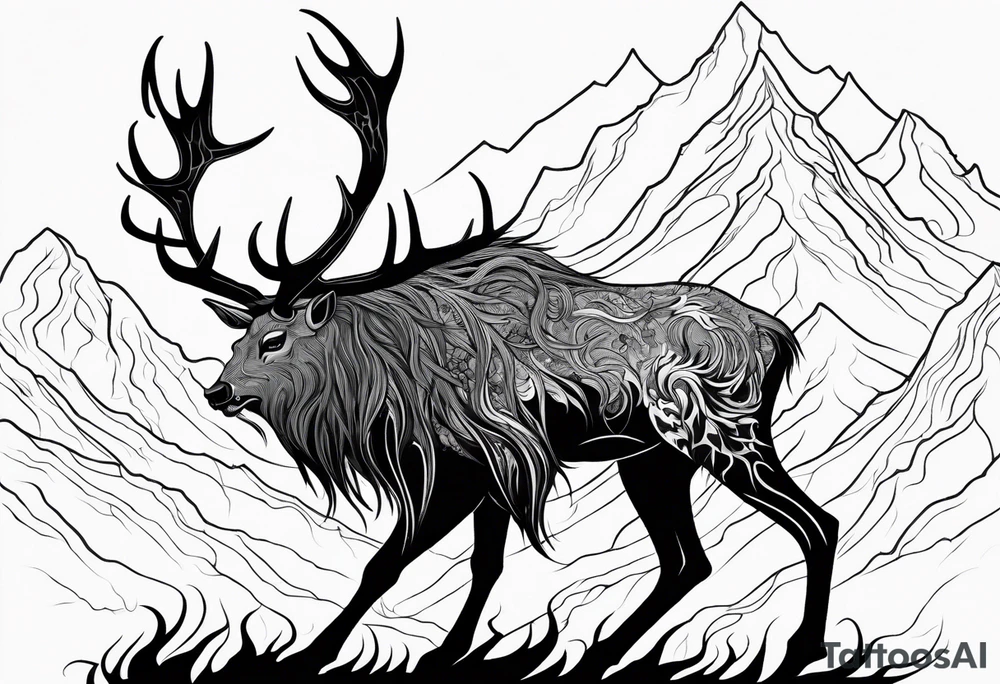 A spooky dead lore accurate wendigo side profile surrounded by a forest fire in background tattoo idea