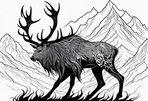 A spooky dead lore accurate wendigo side profile surrounded by a forest fire in background tattoo idea