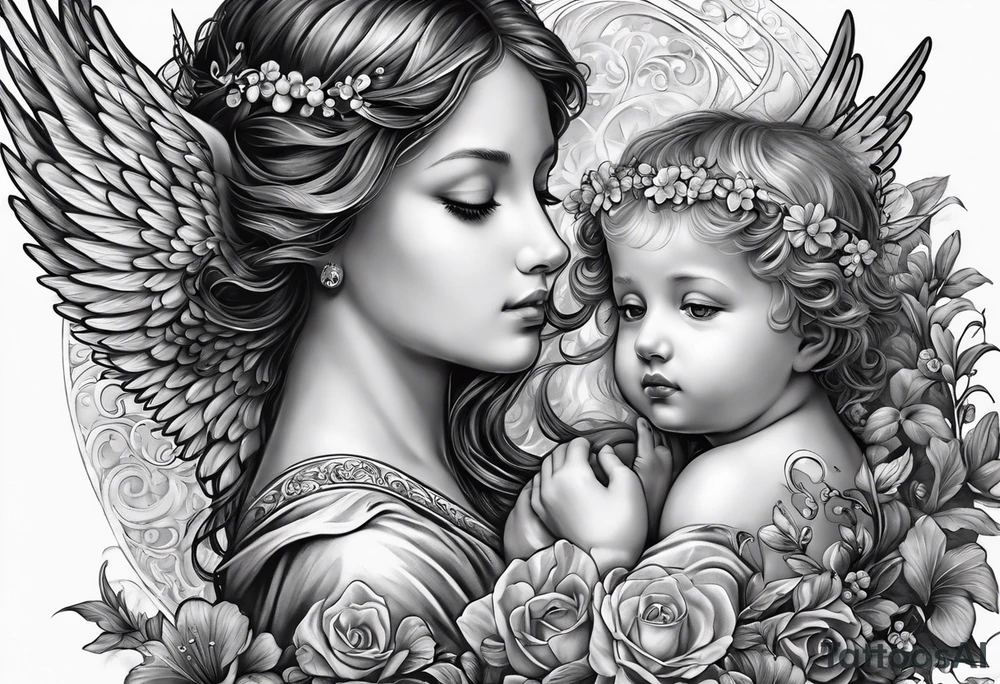 Birth date of my son, touch of god, angels, doves, full outside sleeve tattoo idea