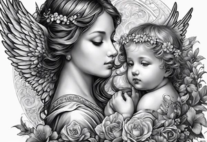 Birth date of my son, touch of god, angels, doves, full outside sleeve tattoo idea