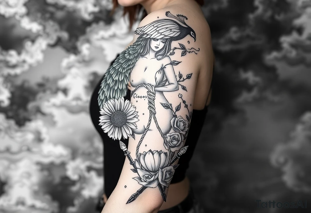 Storm, darkness, seven deadly sins, fat naked woman, peacock, dead sunflower and rosesflowers, razor blades, noose, couple having sex , cupcake ,cigerettes storm clouds tattoo idea