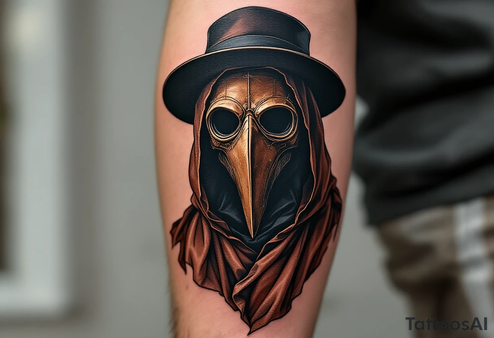 Renaissance-Inspired Plague Doctor – A highly detailed, old-world-style illustration of a plague doctor with a weathered brown leather mask, a black hat, and deep folds in the cloak, resembling classic Renaissance etchings. tattoo idea