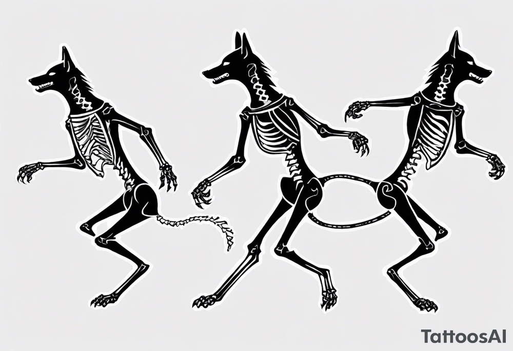 two wolf skeletons dancing with bone tails tattoo idea