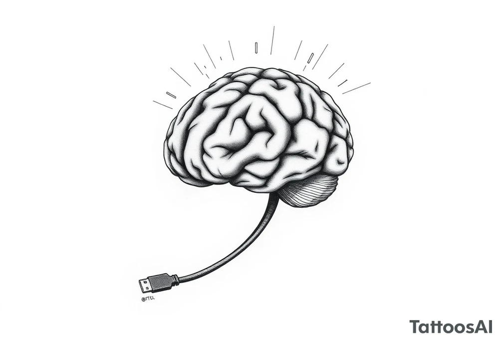A Floating Brain with a USB Plug
A realistic human brain floating in the air, connected to a thick USB cable instead of a spine.
Holographic data streams running from it, displaying error codes or stock market numbers.
Could have a phrase like “THINK FAST” or “UPLOADING…”. tattoo idea