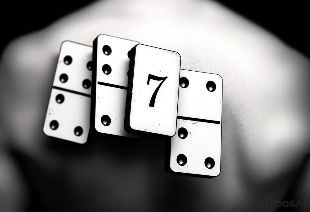 attoo design of three domino tiles falling like in a real domino chain reaction, captured in motion. Retro realistic black and grey shading, not fine-line. The tiles show: one with 8 (4+4), one with 7 (4+3), one with 6 (six dots on the bottom half). On the top half of the domino with 6, add the initials ‘JH’ in elegant retro lettering. Dynamic perspective, sense of motion, vintage realistic tattoo style.“ tattoo idea