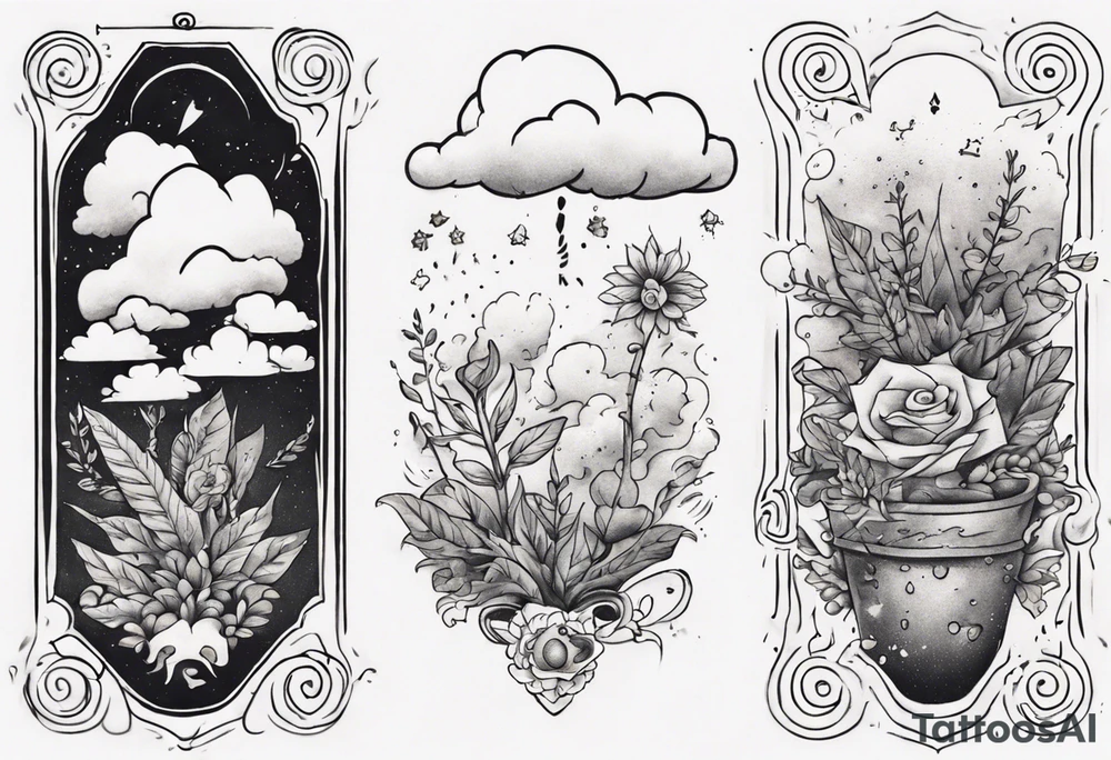 a forearm tattoo with a cloud with little plants and underneath it the date 12.08.05 tattoo idea