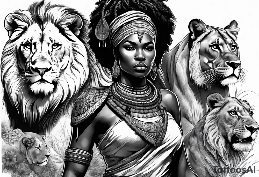 African woman warrior holding a spear with birds and lion in the background tattoo idea