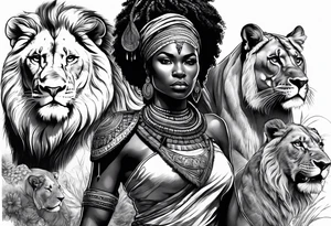 African woman warrior holding a spear with birds and lion in the background tattoo idea