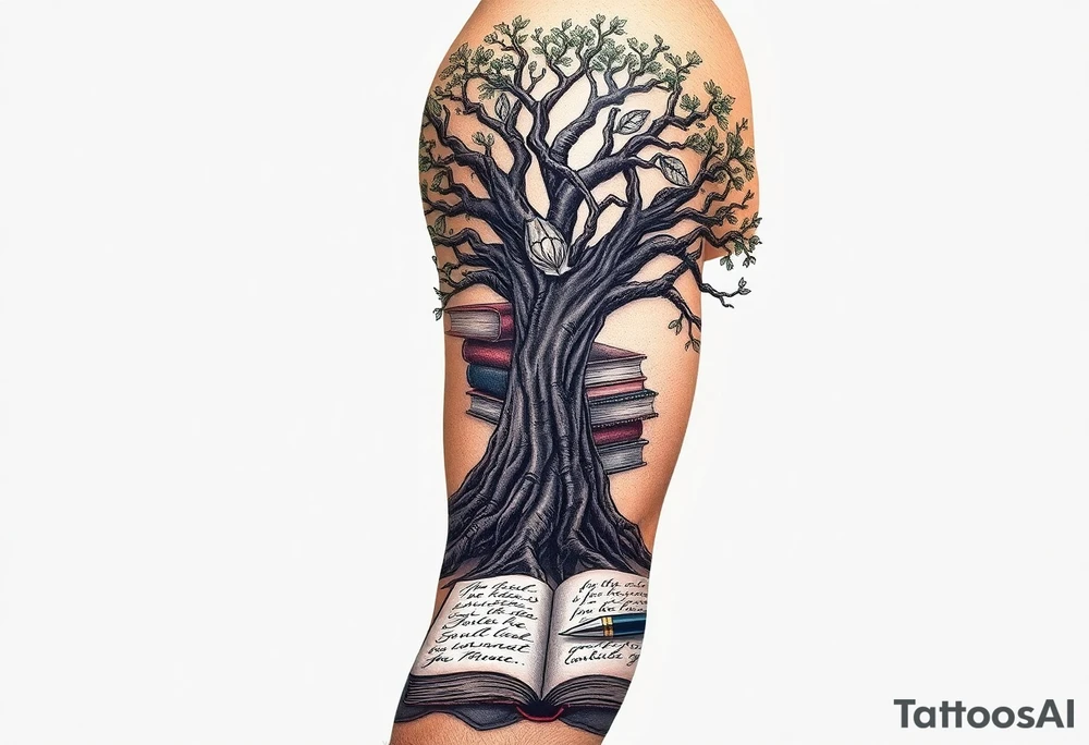 Majestic tree of knowledge with books connected as roots stacked up and an open journal with beautiful cursive writing at the base with a fountain pen for the left arm sleeve tattoo idea