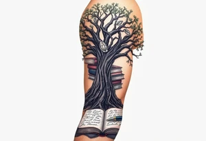 Majestic tree of knowledge with books connected as roots stacked up and an open journal with beautiful cursive writing at the base with a fountain pen for the left arm sleeve tattoo idea
