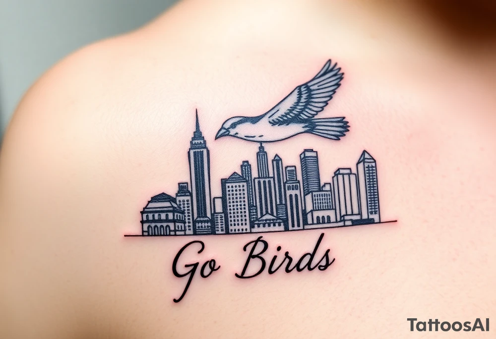 Philadelphia Classic bird flying over Philadelphia city skyline with Go Birds written under it tattoo idea