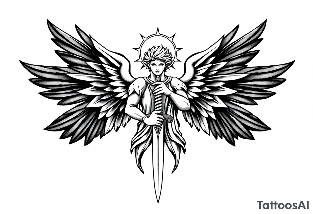 Majestic and powerful archangel wearing a halo, having six wings, weilding a sword tattoo idea