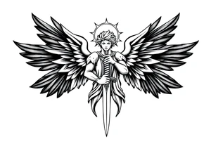 Majestic and powerful archangel wearing a halo, having six wings, weilding a sword tattoo idea