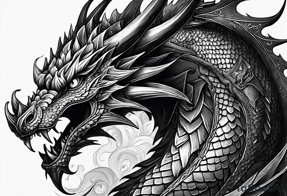 An ornate dragon breathing fire, with intricate scales and a fierce expression, symbolizing power and protection.” tattoo idea