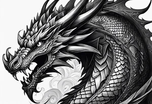 An ornate dragon breathing fire, with intricate scales and a fierce expression, symbolizing power and protection.” tattoo idea