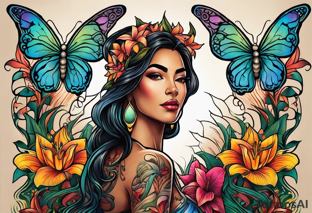 Forward-facing, portrait full length of Hispanic creation goddess standing upright.  Butterflies in background. Lillies near her feet with colorful vegetation. tattoo idea