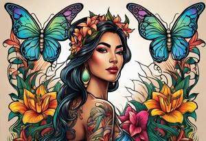 Forward-facing, portrait full length of Hispanic creation goddess standing upright.  Butterflies in background. Lillies near her feet with colorful vegetation. tattoo idea