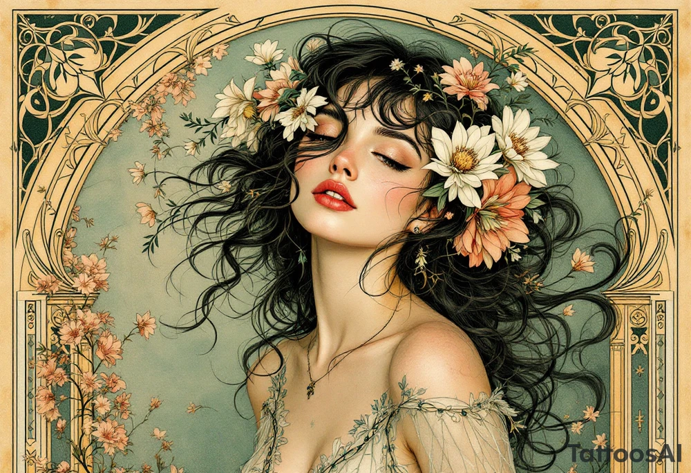 Alfons Mucha’s dreamy portrait of a woman with flowers in her hair, posed against an ornate arch in aged brass and soft sage. tattoo idea