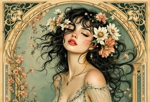Alfons Mucha’s dreamy portrait of a woman with flowers in her hair, posed against an ornate arch in aged brass and soft sage. tattoo idea