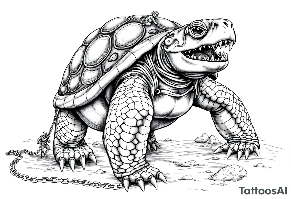A giant walking 2 slaves on a chain leashan angry turtle with huge teeth with a little man riding on his back tattoo idea