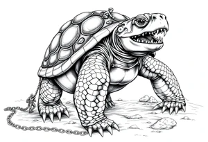 A giant walking 2 slaves on a chain leashan angry turtle with huge teeth with a little man riding on his back tattoo idea
