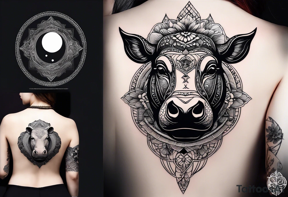 Very asymmetrical, +geometric pattern, with realistic full moon, with big eyes small ears 
hippo, +zen feel, + Buddhism touch, +tribal, +geometric, +inkart 
with wintersweet flower bud, +portrait orientation, +inkart touch, tattoo idea