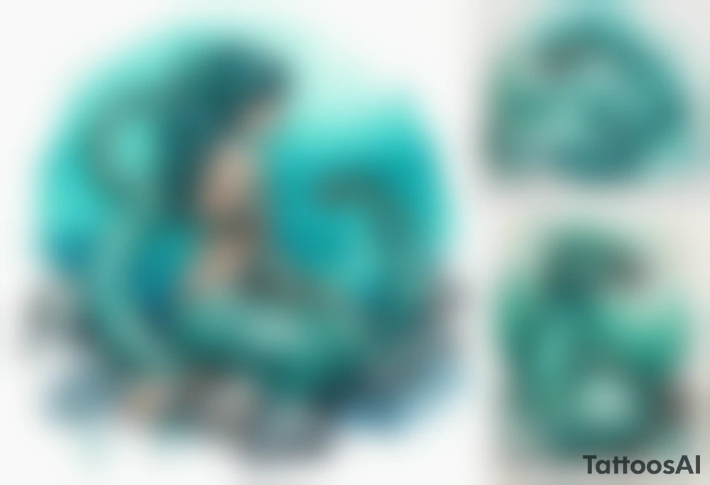 A sea serpent woman hybrid covered in turquois scales sitting on rocks by the ocean tattoo idea