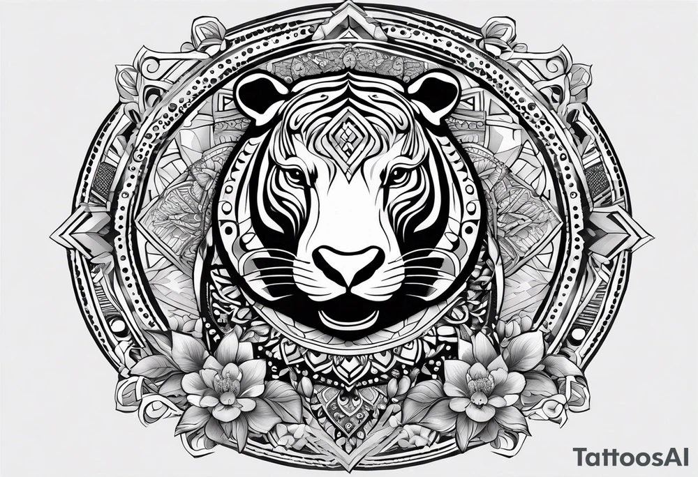 A foot long 2.5inches wide portrait orientation tattoo, containing a detailed hippo head with tribal patterns in the middle, a full moon on the upper side, and some wintersweet flowwer on the bottom side, these three components are connected with arches, lines, little geometric patterns, the lines will ne fine and narrow tattoo idea