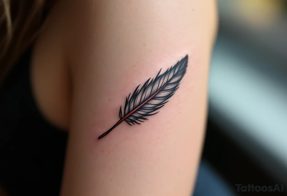 A single eagle feather in gray and black, tied with a red leather strand. tattoo idea