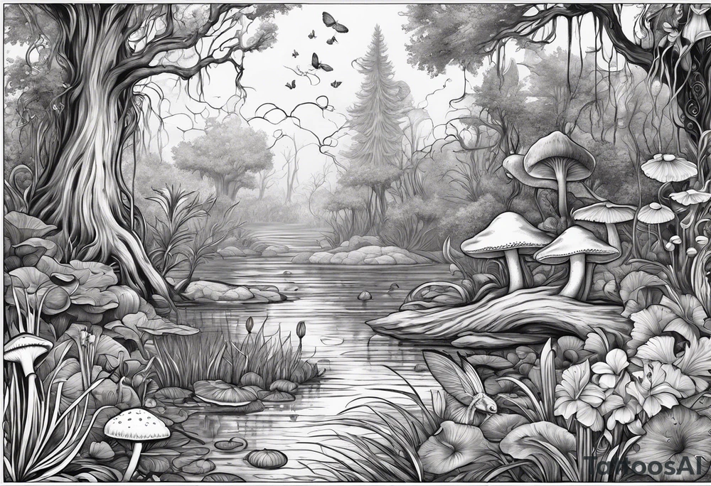 A swamp that has cypress trees, mushrooms, wild flowers, lily pads, frogs, and bugs with a mermaid in the background that is singing music. tattoo idea