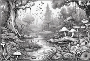 A swamp that has cypress trees, mushrooms, wild flowers, lily pads, frogs, and bugs with a mermaid in the background that is singing music. tattoo idea