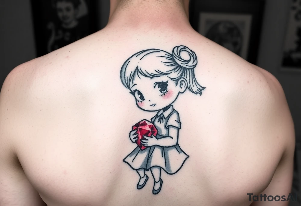 Cartoon style Ruby gem stone being held by a little girl tattoo idea