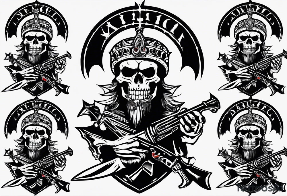 image of a skeleton standing frontally with a crown on his head, holding an AK-47 on his shoulder with his right hand. The chain on the left should be taut, there are three angry barking Dobermans in it, near the waist tattoo idea
