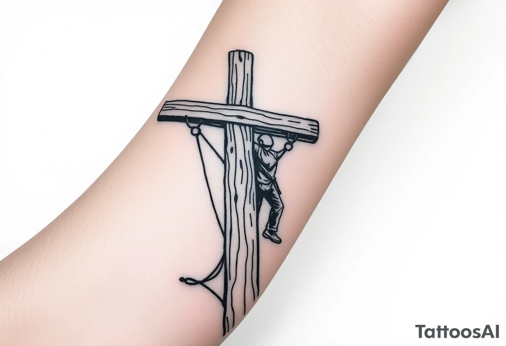 power lineman climbing a wooden 12kv pole. Make the pole a cross that has a hidden resemblance to god. tattoo idea